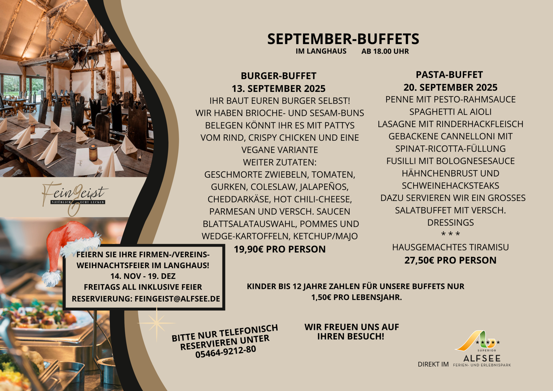 Herbstbuffets 2025 13. Sept Burger Buffet und 220. Sept Pasta Buffet